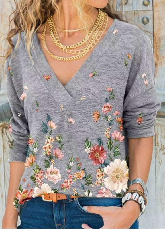 Fashion casual V-neck pullover print long-sleeved T-shirt top