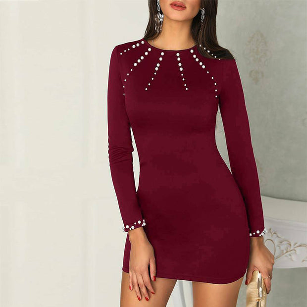 Temperament commuter round neck long-sleeved bubble bead sexy slim fit bodycon dress