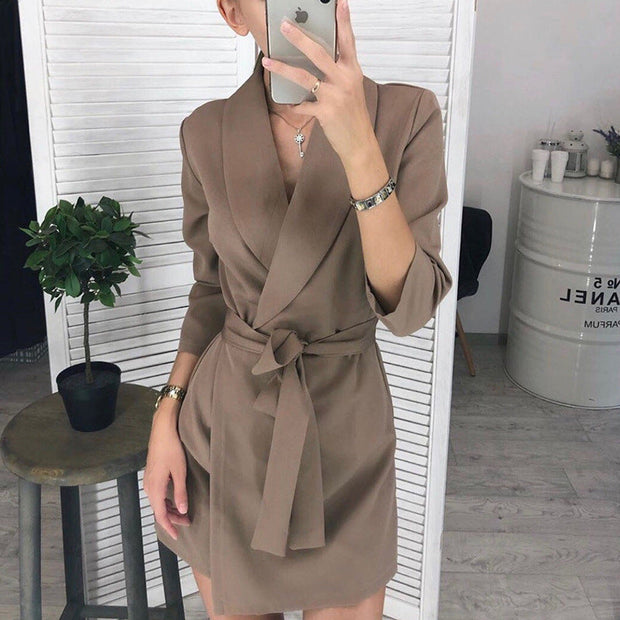 Women's long-sleeved solid color suit collar fashion belt temperament bodycon dress