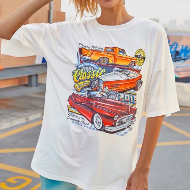New large size women's car print white round neck short-sleeved women's T-shirt top