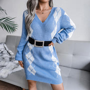 College style diamond sweater dress knitted dress