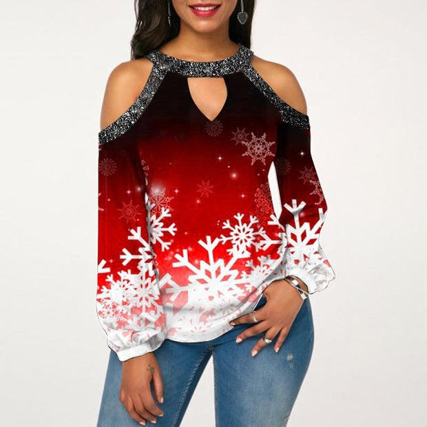 Christmas hanging neck button long sleeve hollow lantern sleeve women's T-shirt