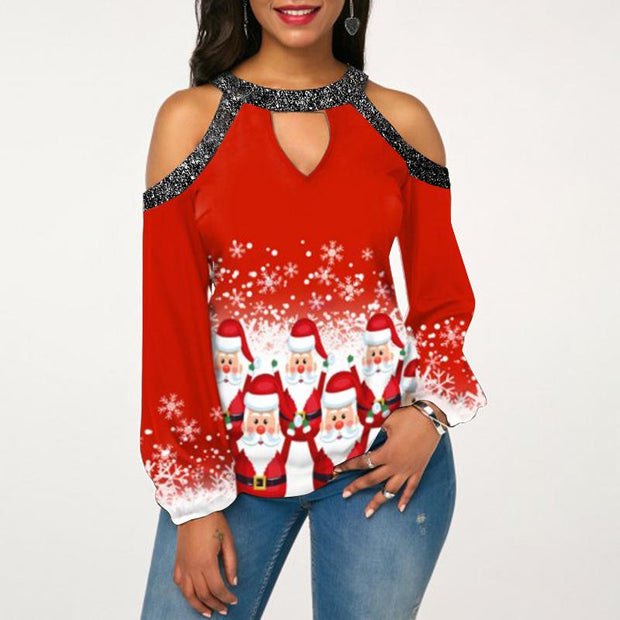 Christmas hanging neck button long sleeve hollow lantern sleeve women's T-shirt