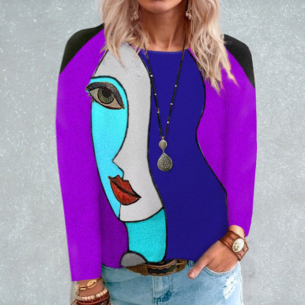 Fashion loose round neck face print long-sleeved T-shirt