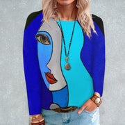 Fashion loose round neck face print long-sleeved T-shirt