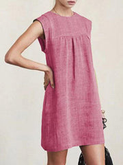 Loose ladies casual cotton and linen solid color dress