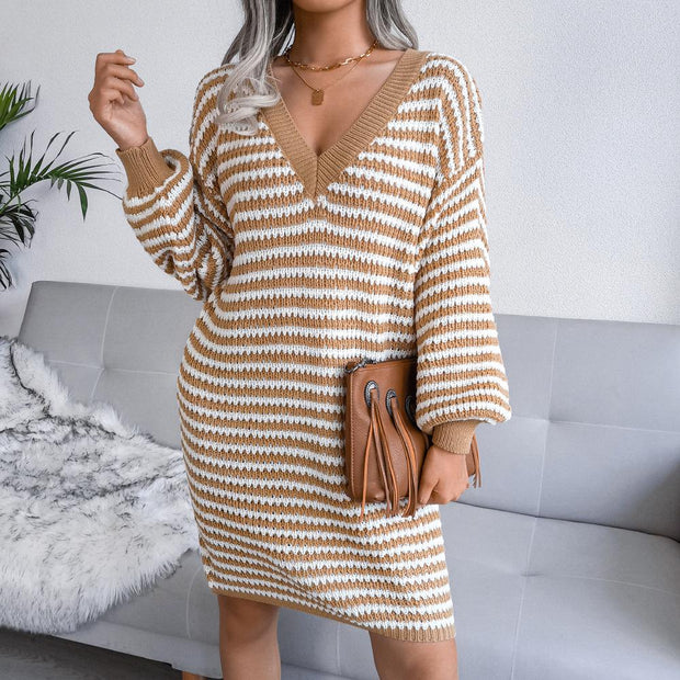 Striped hollow sweater dress knitted dress