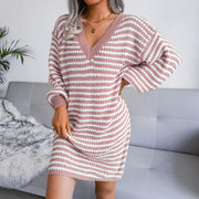 Striped hollow sweater dress knitted dress