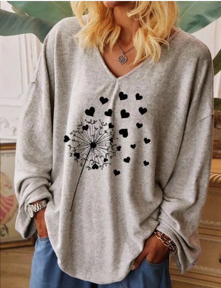 Fashion casual love and hope butterfly sunflower print casual long-sleeved T-shirt