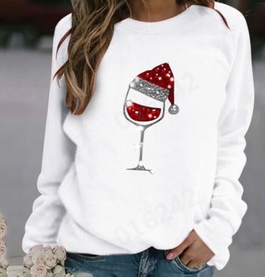 Christmas hat red wine glass pattern printed round neck long-sleeved sweater