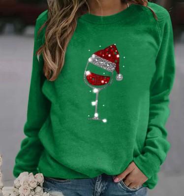 Christmas hat red wine glass pattern printed round neck long-sleeved sweater