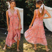 Summer  bohemian print v neck maxi dress