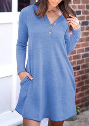 V-neck three button pockets solid color loose long-sleeved dress