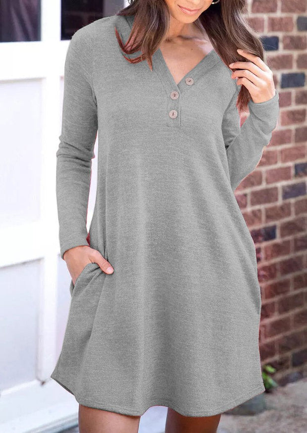 V-neck three button pockets solid color loose long-sleeved dress