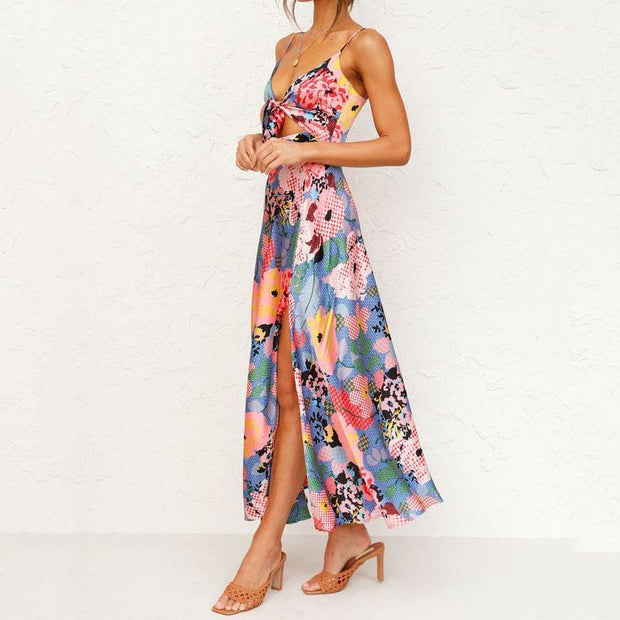 Contrasting color personalized print suspender dress long skirt
