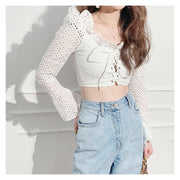 Fashion Lace Hollow Tie Long Sleeve Top