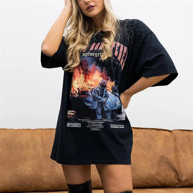 Retro round neck short sleeve printed loose pullover women's T-shirt