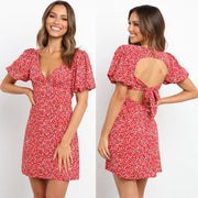Summer new style deep V sexy backless printed mini dress