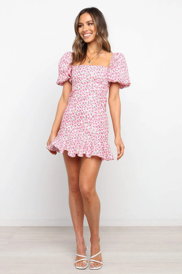 Women summer short-sleeved square collar printed mini dress