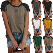 Fashion color matching raglan sleeves cross pocket short sleeve round neck T-shirt