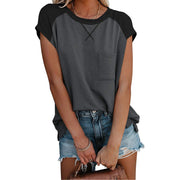 Fashion color matching raglan sleeves cross pocket short sleeve round neck T-shirt