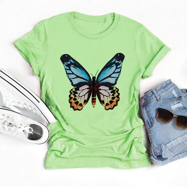 Butterfly print round neck cotton short-sleeved T-shirt