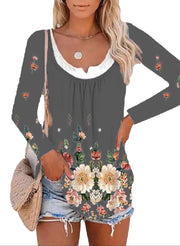 Casual printed long-sleeved bottoming shirt round neck T-shirt top