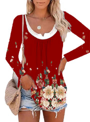Casual printed long-sleeved bottoming shirt round neck T-shirt top